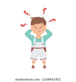 Sick Little Boy Feeling Unwell Suffering from Headache Vector Illustration