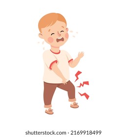 Sick Little Boy Feeling Unwell Crying Suffering from Knee Pain Vector Illustration