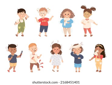 Sick Little Boy and Girl Feeling Unwell Suffering from Chicken Pox, Flu and Dizziness Vector Illustration Set
