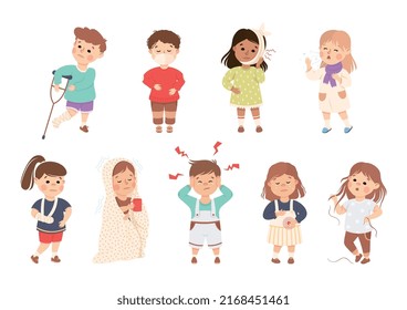 Sick Little Boy and Girl Feeling Unwell Suffering from Flu, Headache and Stomachache Vector Illustration Set