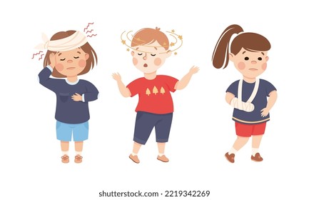 Sick Little Boy and Girl Feeling Unwell Suffering from Headache and Dizziness Vector Set