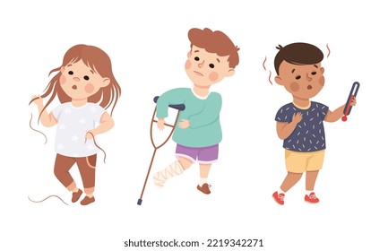 Sick Little Boy and Girl Feeling Unwell Suffering from Hair Loss and Fever Vector Set