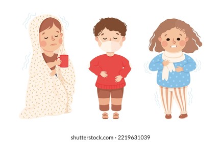 Sick Little Boy and Girl Feeling Unwell Suffering from Body Tremor and Cold Vector Set