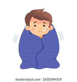 sick little boy has high fever flu and cold lying on bed with thermometer in his mouth and wet towel on his forehead