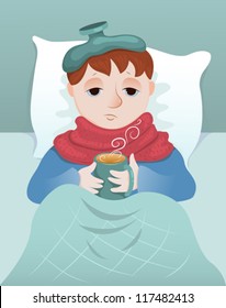 Sick little boy lies and drinks hot drink. Vector cartoon illustration.