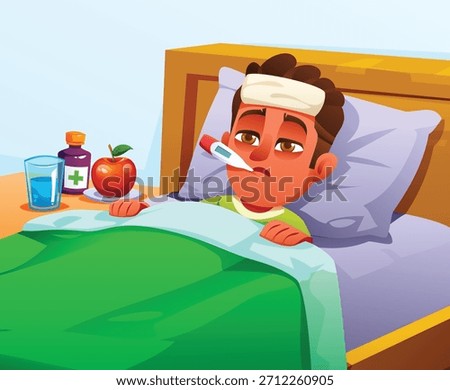 Sick little boy lying down, looking unwell while using a cooling pad and a thermometer in mouth. Vector cartoon illustration