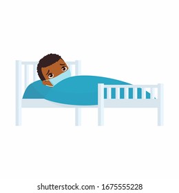 Sick little boy with medical mask in hospital bed flat vector illustration. Child with viral disease  cartoon character.  Kid with cold. Patient relaxing under blanket isolated on white background