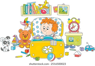 Sick little boy with a thermometer in his armpit lying in a bed and talking to a cheerful small puppy in a nursery room with funny toys and books, vector cartoon illustration on a white background