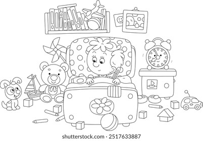 Sick little boy with a thermometer in his armpit lying in a bed and talking to a cheerful small puppy in a nursery room with funny toys and books, black and white vector cartoon illustration