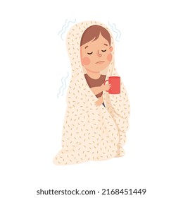 Sick Little Boy Under Blanket with Hot Drink Feeling Unwell Suffering from Flu Vector Illustration