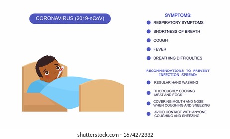 Sick little dark skin boy with thermometer in bed. Infographics list of recommendations for protection against coronavirus, symptoms of coronavirus. Vector illustration on a white background.