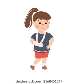 Sick Little Girl with Bandaged Arm Feeling Unwell Suffering from Fracture Vector Illustration