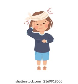 Sick Little Girl with Bandaged Head Feeling Unwell Suffering from Headache Vector Illustration