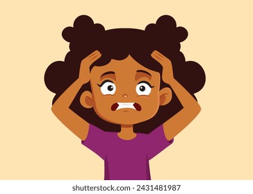 
Sick Little Girl Feeling Exasperated Vector Cartoon Illustration. Stressed schoolgirl feeling anxious and overwhelmed 
