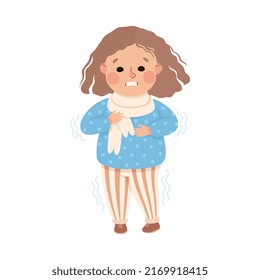 Sick Little Girl Feeling Unwell Suffering from Fever Shivering with Cold Vector Illustration