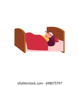 Sick little girl lying in bed with thermometer in mouth and cold pack on forehead, cartoon vector illustration isolated on white background. Cartoon little girl lying in bed with cold, having fever