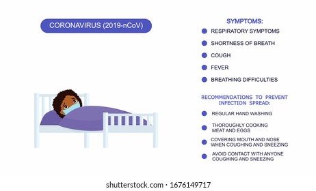 Sick little girl with medical mask in a hospital bed. Infographics list of recommendations for protection against coronavirus, symptoms of coronavirus. Vector illustration on a white background.