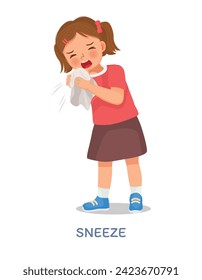 SIck little girl suffering from flu or cold allergy symptom sneezing on a handkerchief or tissue paper