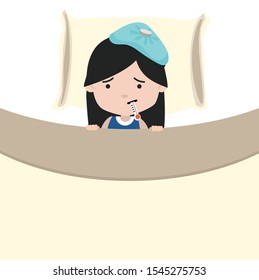 Sick little girl with thermometersick in bed
