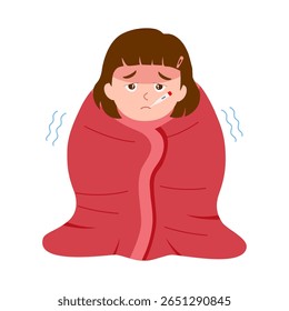 sick little kid has high fever flu and cold lying on bed with thermometer in her mouth and wet towel on his forehead