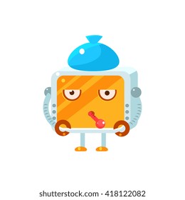 Sick Little Robot Character Simple Flat Vector Icon In Childish Cute Style Isolated On White Background