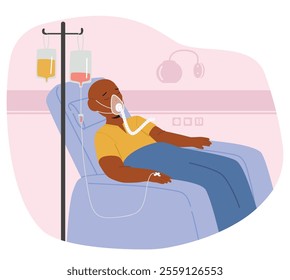 Sick little sleeping child cancer patient character receiving chemo therapy in hospital cartoon vector illustration. Pediatric clinic struggling with childhood oncology provides professional treatment