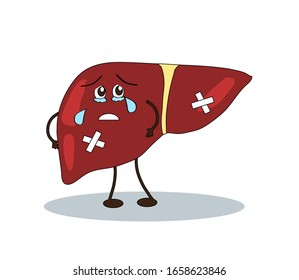 Hígado enfermo de fondo blanco.Caricatura. Ilustración vectorial.
