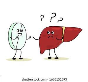 Sick liver and pill on a white background. Vector illustration.