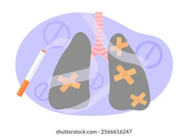 Sick lungs and cigarette. Black lungs in patches near cigarette smoke. Asthma and tuberculosis, disease of respiratory system. Unhealthy lifestyle and bad habits. Flat vector illustration