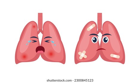 Pulmones enfermos con dolor o enfermedad. Triste caricatura de pulmones, órgano corporal herido o poco saludable. Anatomía humana de dibujos animados, medicina infantil. Ilustración del vector