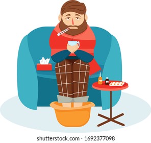 Sick male with flu and cold symptoms. Man sits in a chair with a cup of hot drink and in a plaid. Medicines on the table. Vector illustration in cartoon style. 