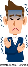 Sick Male on blue suit shivers. Upper body cartoon.