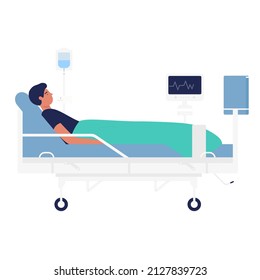 Sick male patient with drip lying in hospital bed. Injured man bedridden in medical institution cartoon vector illustration