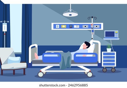 Sick Male Patient Sleeping on the Bed in Hospital Inpatient Room