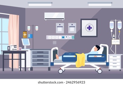 Sick Male Patient Sleeping on the Bed in Hospital Inpatient Room
