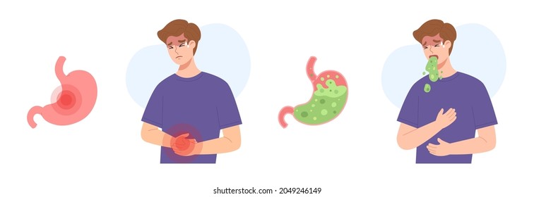 Sick male with stomachache symptoms. Stomach pain and vomit because of food poisoning. Concept of gastric disease, health care and medicine, digestive illness, nausea. Flat vector illustration.