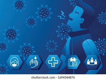 A sick man with the background of coronavirus drawing and the prevention of the virus.