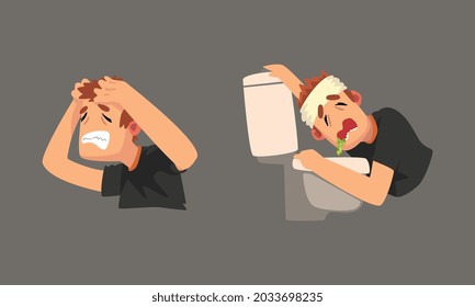 Hombre enfermo con cabeza de banda con vómitos de dolor de cabeza en vectores de tazón de baño