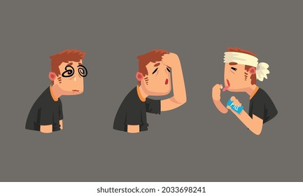 Hombre enfermo con cabeza con dolor de cabeza con vectores de pastillas