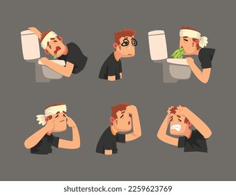 Sick Man with Bandaged Head Having Headache Massaging Temple and Vomiting Vector Set