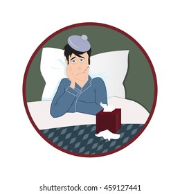 Sick man in bed with fever and with thermometer in his mouth. Vector illustration