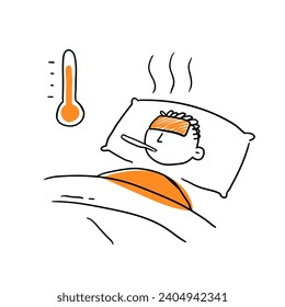 Kick Mann im Bett mit Thermometer. Handgezeichnete Vektorgrafik.