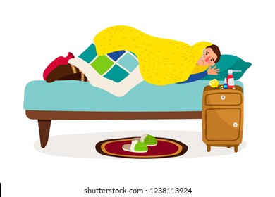 Sick man in bed. Vector cold fever ill character with sickness infectious disease, flu person at home with measuring thermometer on white background