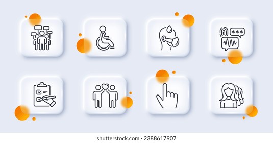 Sick man, Biometric security and Friends couple line icons pack. 3d glass buttons with blurred circles. Disability, Voting campaign, Cursor web icon. Women headhunting, Checklist pictogram. Vector