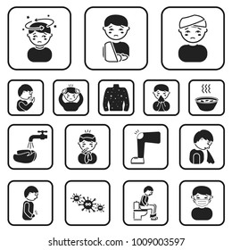 The sick man black icons in set collection for design. Illness and treatment vector symbol stock web illustration.