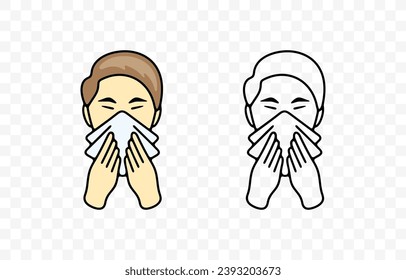 Sick man blowing her nose or sneezing into handkerchief, graphic design. Disease, illness, sickness, virus and treatment, vector design and illustration