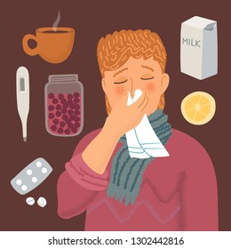 Sick man blowing his nose. Cup of hot tea, lemon, a carton of milk, a jar with raspberry jam, digital thermometer, pills blister. Vector cartoon illustration.