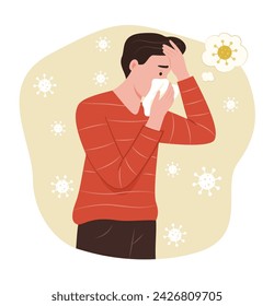 Sick Man Blowing His Nose Into Napkin for Fever Concept Illustration