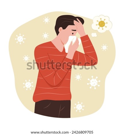 Sick Man Blowing His Nose Into Napkin for Fever Concept Illustration