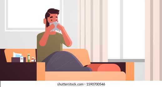 sick man blowing nose with handkerchief unhealthy guy cleaning snotty nose having flu sneeze sitting on sofa under blanket illness concept modern living room interior flat portrait horizontal vector